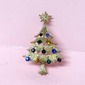 Vintage Christmas Tree Brooch With Multicolored Rhinestones